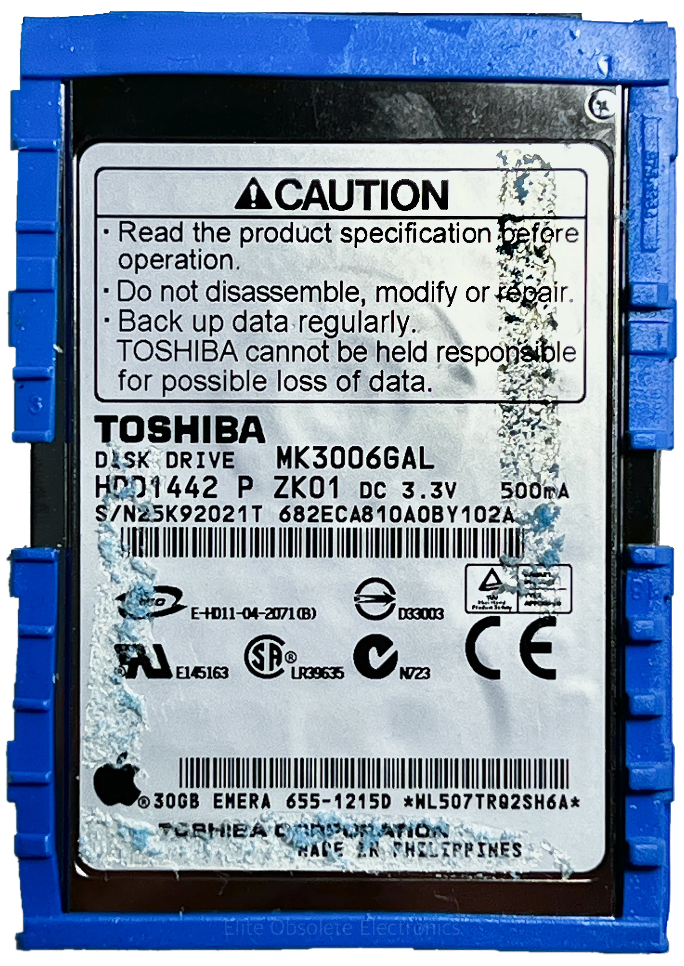 Original 30GB Toshiba MK3006GAL 50-Pin IDE Thin HDD Hard Drive for Apple iPod Classic 4th Monochrome Photo